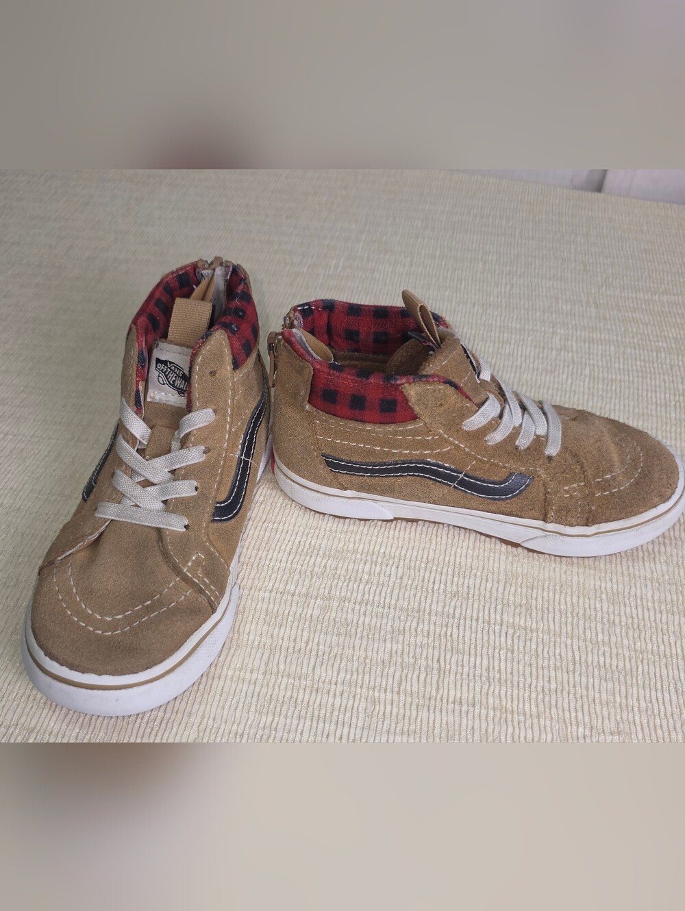 Vans Sk8 Hi MTE Toddler Size 6 Tan Suede Plaid Zip High Top Sneakers Shoes